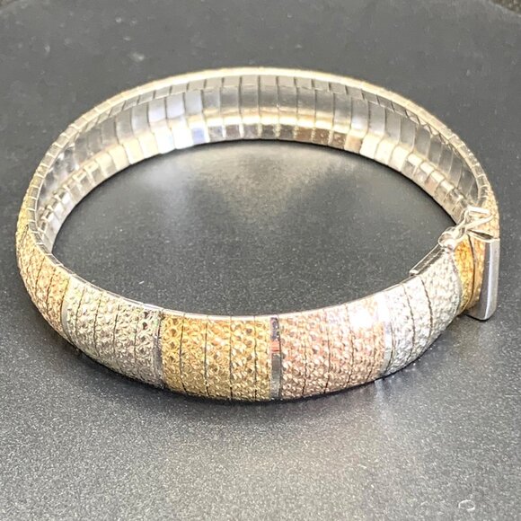Milor Sterling Silver 925 Gold Tri-Tone 11mm Width Domed Flexible Style Bracelet